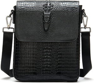 Crocodile Embossed Black Leather Flap Messenger Bag