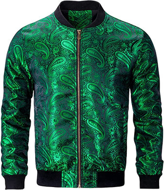 Men's Green Casual Paisley Windbreaker Long Sleeve Bomber Jacket