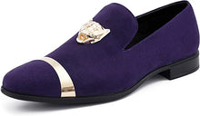 Load image into Gallery viewer, Men&#39;s Purple Gold Tiger Head High Quality Velvet Loafer Dress Shoes