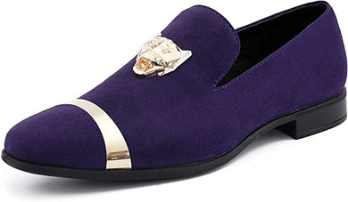 Men's Purple Gold Tiger Head High Quality Velvet Loafer Dress Shoes