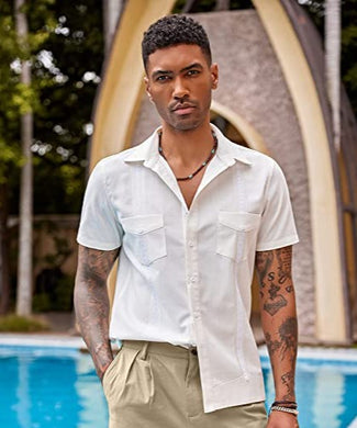 Men's White Button Front Cuban Linen Short Sleeve Shirt