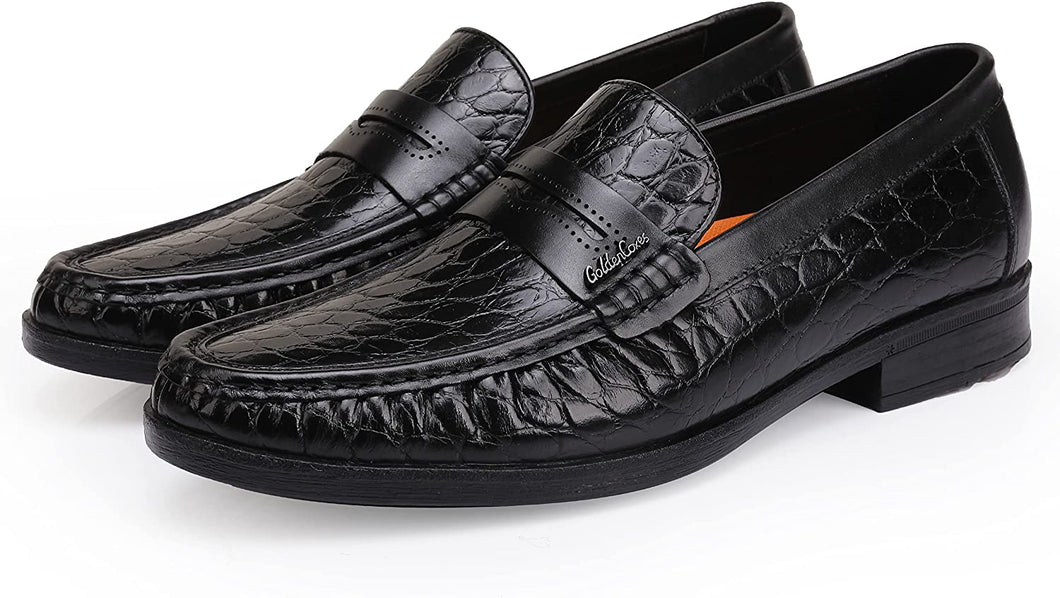 Men's Crocodile Printed Black Leather Slip-On Penny Loafers