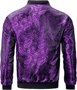 Men's Light Blue Casual Paisley Windbreaker Long Sleeve Bomber Jacket