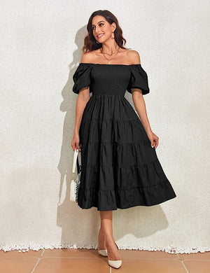 Mod Style Summer Black Puff Sleeve Midi Dress