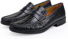 Load image into Gallery viewer, Crocodile Printed Black Leather Slip-On Penny Loafers