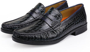 Crocodile Printed Black Leather Slip-On Penny Loafers