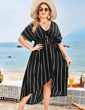 Load image into Gallery viewer, Kimono Black Stripe Tie Front Plus Size Long Coverups
