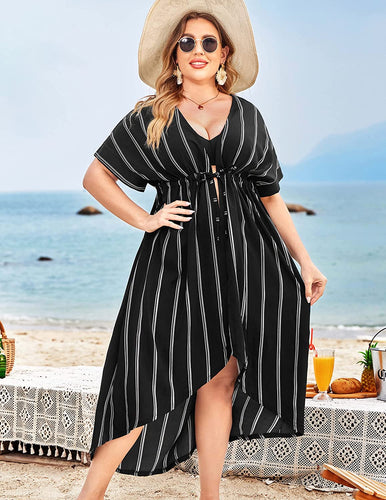 Kimono Black Stripe Tie Front Plus Size Long Coverups