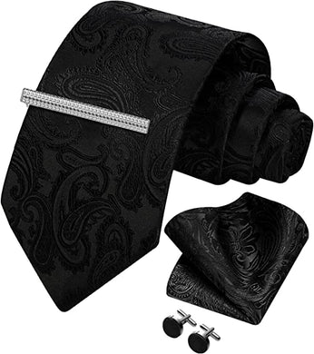 Men's Paisley Black Formal Cufflink Tie Clip Set