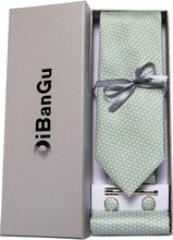 Load image into Gallery viewer, Men&#39;s High Quality Jacquard Silk Sage Green Cufflink Tie Clip Set