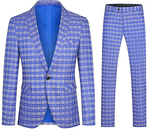 Men's Blue Plaid 2pc Long Sleeve Formal Suit