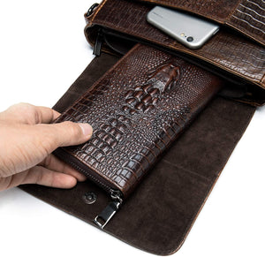 Crocodile Embossed Coffee Leather Flap Messenger Bag