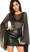 Load image into Gallery viewer, Black Glittered Sheer Mesh Oversize Bell Sleeve Bodysuit