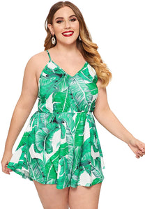 Plus Size V-Neck Green Wrap Tie Casual Short Rompers
