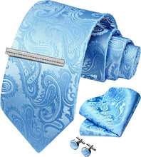 Load image into Gallery viewer, Men&#39;s Paisley Light Blue Formal Cufflink Tie Clip Set