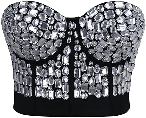 Diamond Black/Silver Studded Sweetheart Bustier Corset Crop Top