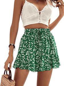 Floral Green Drawstring High Waist Summer Shorts