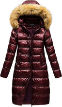 Load image into Gallery viewer, Faux Fur Hooded Wine Red Winter Puffer Style Long Coat