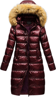 Faux Fur Hooded Wine Red Winter Puffer Style Long Coat