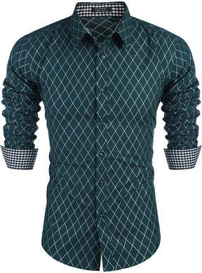 Men's Diamond Green Printed Down Long Sleeve Shirt