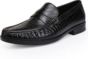 Men's Crocodile Printed Black Leather Slip-On Penny Loafers