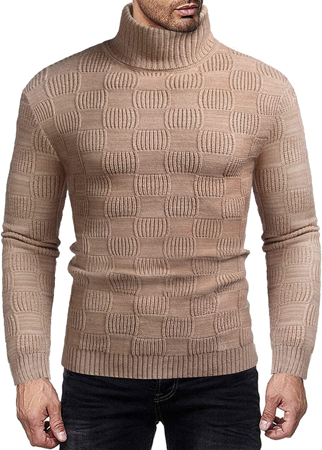 Thermal Ribbed Khaki Pullover Turtleneck Knitted Sweater