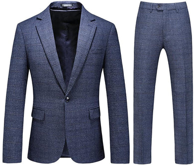 Men's Dark Blue Plaid Tweed Slim Fit One Button Suit