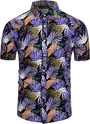 Men's Hawaiian Purple/Black Floral Button Up Short Sleeve Shirt