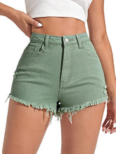 Load image into Gallery viewer, Distressed Denim Sage Green Raw Hem High Waist Shorts