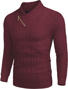 Shawl Collar Red Pullover Cable Knitted Men's Sweater