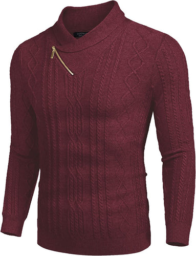 Shawl Collar Wine Red Pullover Cable Knitted Sweaters