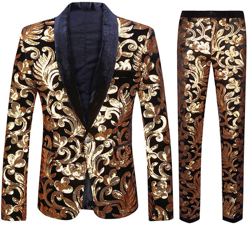 Fashionable Golden Black Floral Pattern Sequins 2 Pieces Men's Suit