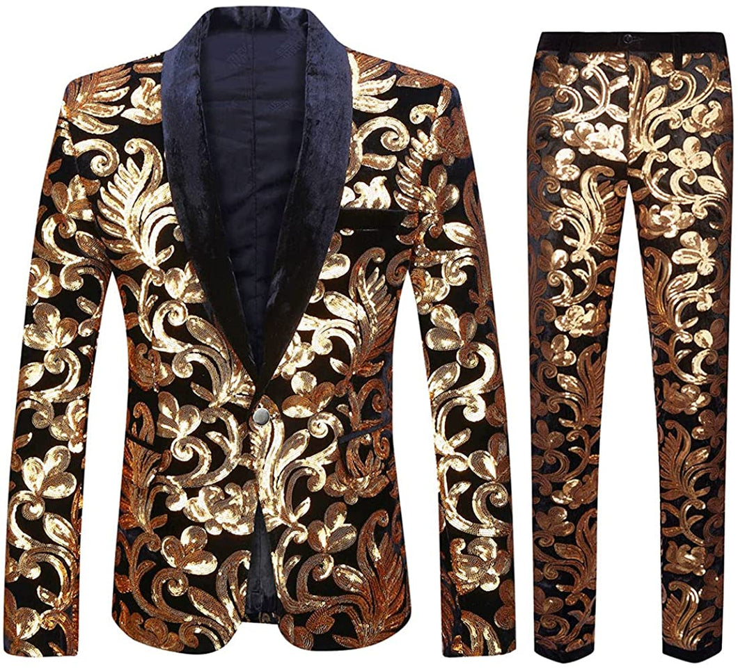 Fashionable Golden Black Floral Pattern Sequins 2pc Men's Suit