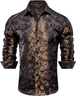 Men's Dark Brown Paisley Button Down Long Sleeve Shirt