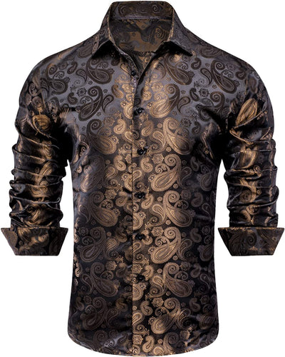 Men's Dark Brown Paisley Button Down Long Sleeve Shirt