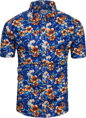 Men's Hawaiian Blue Floral Button Up Short Sleeve Shirt