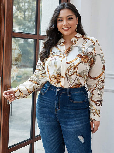 Plus Size Multi Notch Long Sleeve Chain Print Blouse Shirts