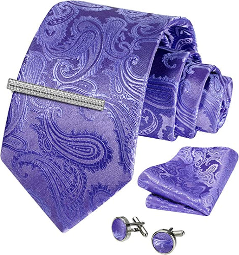 Men's Paisley Purple Formal Cufflink Tie Clip Set