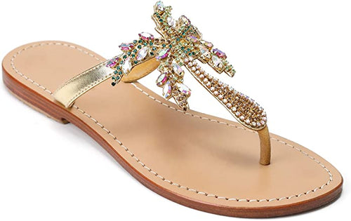 Bohemian Palm Tree Gold Rhinestone T Strap Sandals