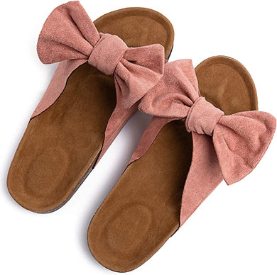 Summer Pink Knot Suede Leather Soft Cork Slip On Sandals