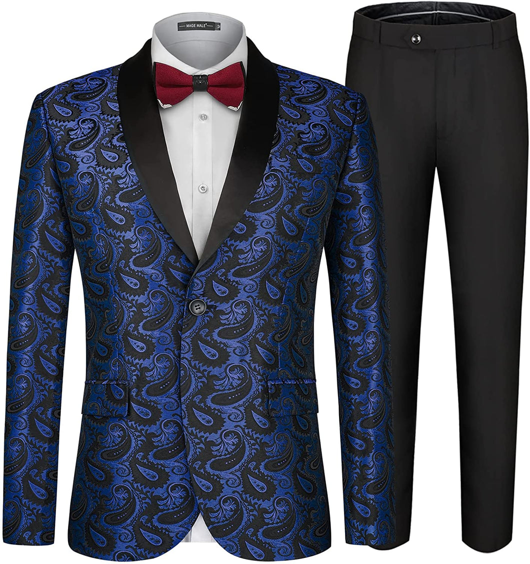 Men's Paisley Shawl Lapel Navy Blue 2pc Men's Suit