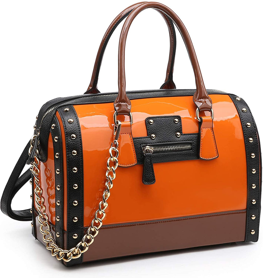 Top Handle Satchel Orange Patent Faux Leather Handbags