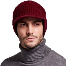 Load image into Gallery viewer, Men&#39;s Wine Red Wool Knit Visor Beanie Hat