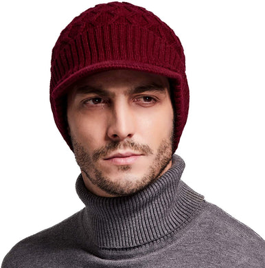 Men's Wine Red Wool Knit Visor Beanie Hat
