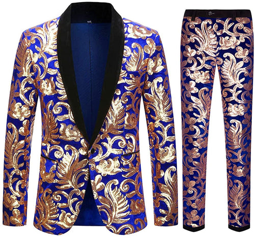 Fashionable Golden Blue Floral Pattern Sequins 2 Pieces Men's Suit