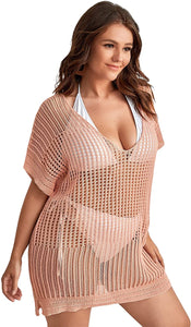 Coral Pink Short Sleeve Plus Size Swimsuit Cover Up