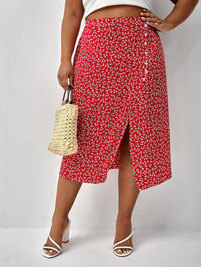 Plus Size Red Floral Midi Skirt