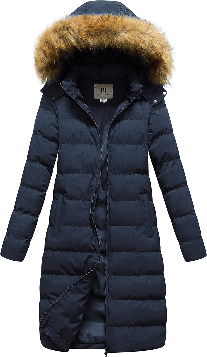 Navy Winter Faux Fur Coat Puffer Warm Jacket with Detachable Hood