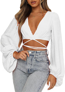 Lucas White V Neck Criss Cross Tie Back Crop Top