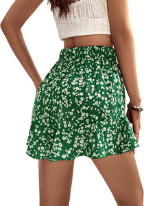 Floral Green Drawstring High Waist Summer Shorts